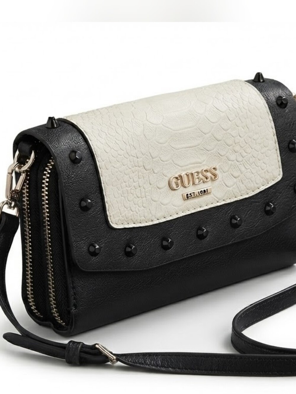 GUESS Black & White Studded Faux Snakeskin Crossbody Bag
